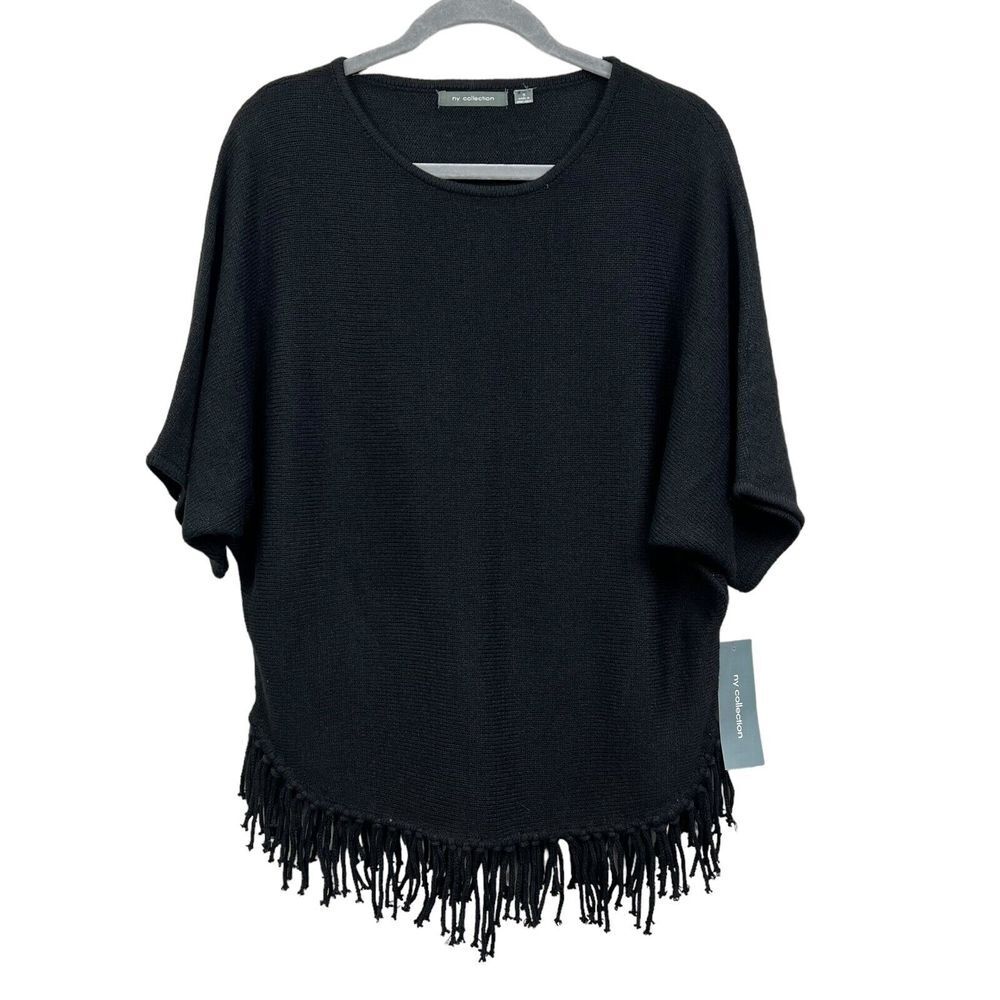 NY Collection Womens Tunic Sweater Round Neck Fringe Hem Short Sleeves Black S*